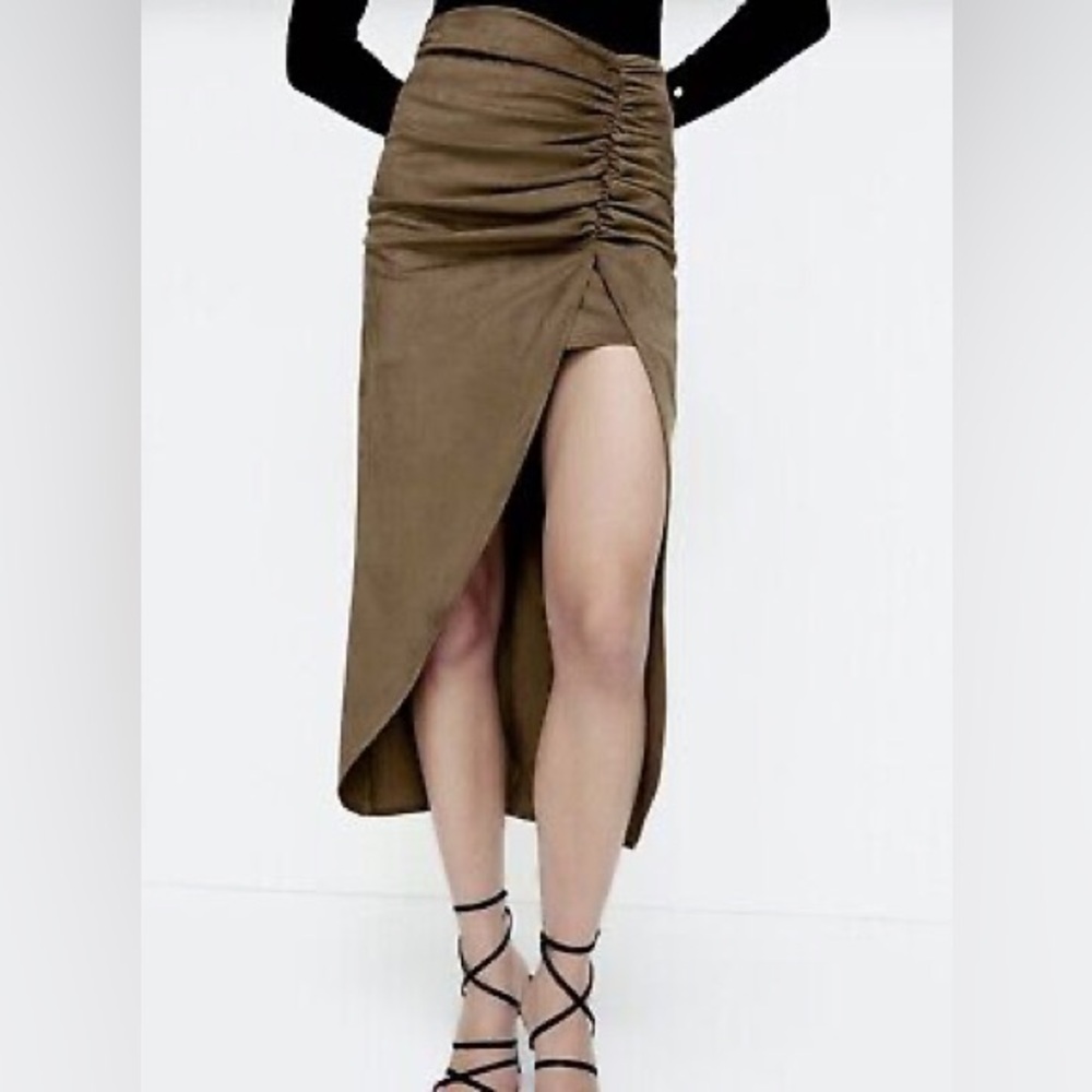 Zara faux suede side ruched high low asymmetric midi skirt olive green